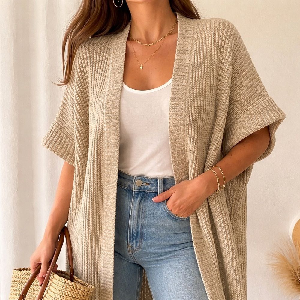GeeGee Women's M/L Cardigan Chunky Knit Open Boho Neutral Duster Cozy Oversized